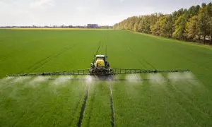 Traktor opryskuje zielone pole, rozpylając płyn. To nie jest adblue na trawnik, lecz środek ochrony roślin.