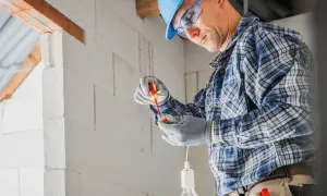 Elektryk w kasku i okularach montuje oprawkę żarówki. Zastanawiasz się, ile bierze elektryk od punktu?