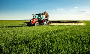 Czerwony traktor wykonuje oprysk na dwuliścienne na zielonym polu pod błękitnym niebem.