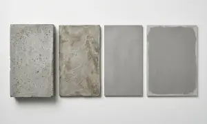 Cztery prostokątne płyty prezentujące różne tekstury imitacji betonu na ścianie: od surowego, porowatego, przez chropowaty, po gładki i pomalowany.