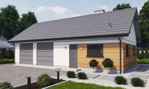 Nowoczesny budynek gospodarczy z częścią mieszkalną, dwustanowiskowy garaż, drewniana elewacja, zadbany ogród.