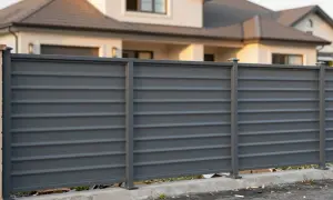 Nowoczesne, ciemnoszare ogrodzenia posesji z poziomymi panelami, tworzące minimalistyczną barierę przed domem.