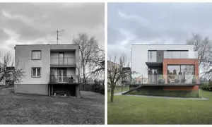 Porównanie elewacji domów z lat 70-tych: zniszczony budynek obok nowoczesnej, odnowionej bryły z tarasem i dużymi oknami.