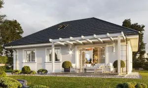 Nowoczesny dom 70m2 wnetrze z tarasem i meblami ogrodowymi.