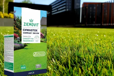 Chwastox Complex 260 EW dawkowanie: opakowanie środka do zwalczania chwastów na trawnikach, na tle zielonej trawy i budynków.