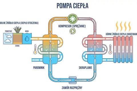 Schemat pompy ciepła pokazuje, jakie ogrzewanie do domu jest ekologiczne. Ciepło z powietrza, wody lub ziemi jest sprężane i przekazywane do ogrzewania.