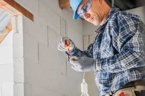 Elektryk w kasku i okularach montuje oprawkę żarówki. Zastanawiasz się, ile bierze elektryk od punktu?