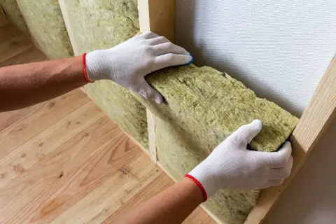 Ręce w białych rękawiczkach montują wełnę mineralną. To dobry sposób, czym ocieplić ściany od wewnątrz, by było ciepło i cicho.