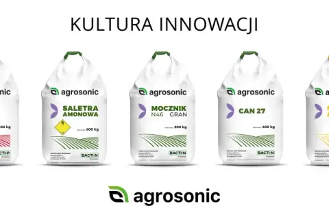 Siedem worków nawozów Agrosonic, w tym saletra amonowa, NPK, mocznik, siarczan amonu i DAP.