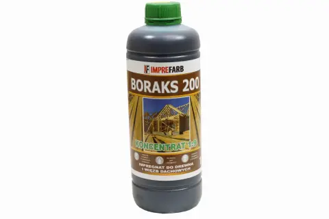 Butelka Boraks 200, impregnat do drewna konstrukcyjnego i więźb dachowych, chroni przed grzybami.