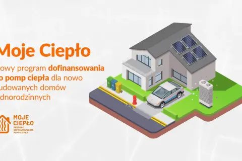 Nowy program "Moje Ciepło" oferuje dofinansowanie na pompy ciepła do nowo budowanych domów jednorodzinnych. Ilustracja przedstawia dom z panelami słonecznymi i pompą ciepła.