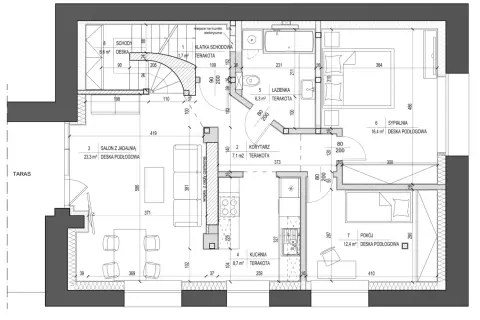 Projekt adaptacji poddasza: salon z jadalnią, kuchnia, łazienka, sypialnia i pokój.