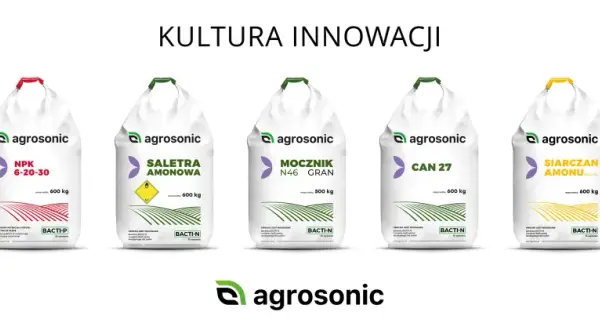 Siedem worków nawozów Agrosonic, w tym saletra amonowa, NPK, mocznik, siarczan amonu i DAP.