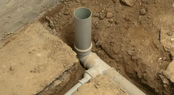 Instalacja kanalizacyjna w domu w trakcie budowy. Szare rury PVC połączone w wykopie ziemnym.