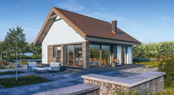 Nowoczesny dom bez pozwolenia 70m2 z dużymi przeszkleniami i tarasem, otoczony zielenią.