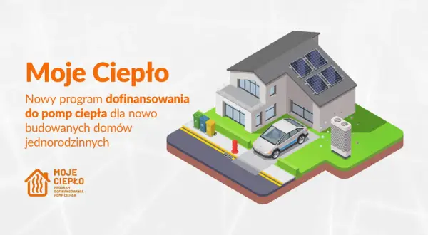 Nowy program "Moje Ciepło" oferuje dofinansowanie na pompy ciepła do nowo budowanych domów jednorodzinnych. Ilustracja przedstawia dom z panelami słonecznymi i pompą ciepła.