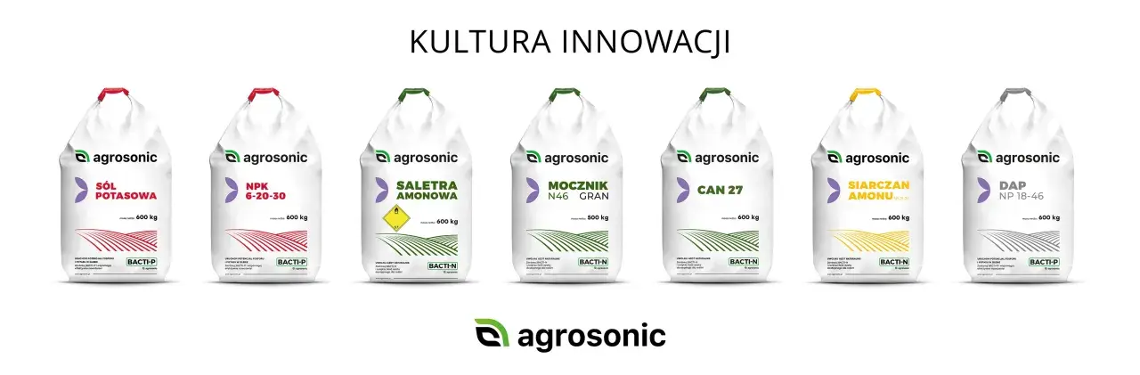 Siedem worków nawozów Agrosonic, w tym saletra amonowa, NPK, mocznik, siarczan amonu i DAP.