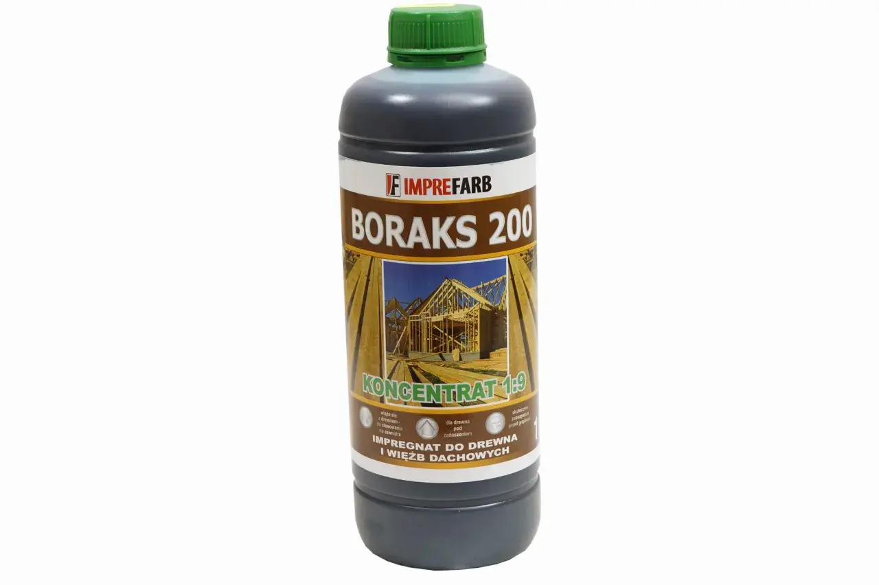 Butelka Boraks 200, impregnat do drewna konstrukcyjnego i więźb dachowych, chroni przed grzybami.