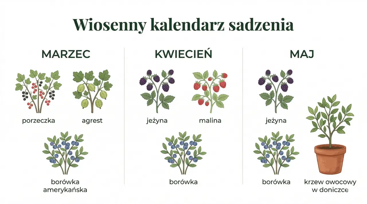 Wiosenny kalendarz sadzenia: marzec (porzeczka, agrest, borówka amerykańska), kwiecień (jeżyna, malina, borówka), maj (jeżyna, borówka, krzew owocowy w doniczce). Idealny czas, kiedy zaczyna się kalendarzowa wiosna, by sadzić owoce.