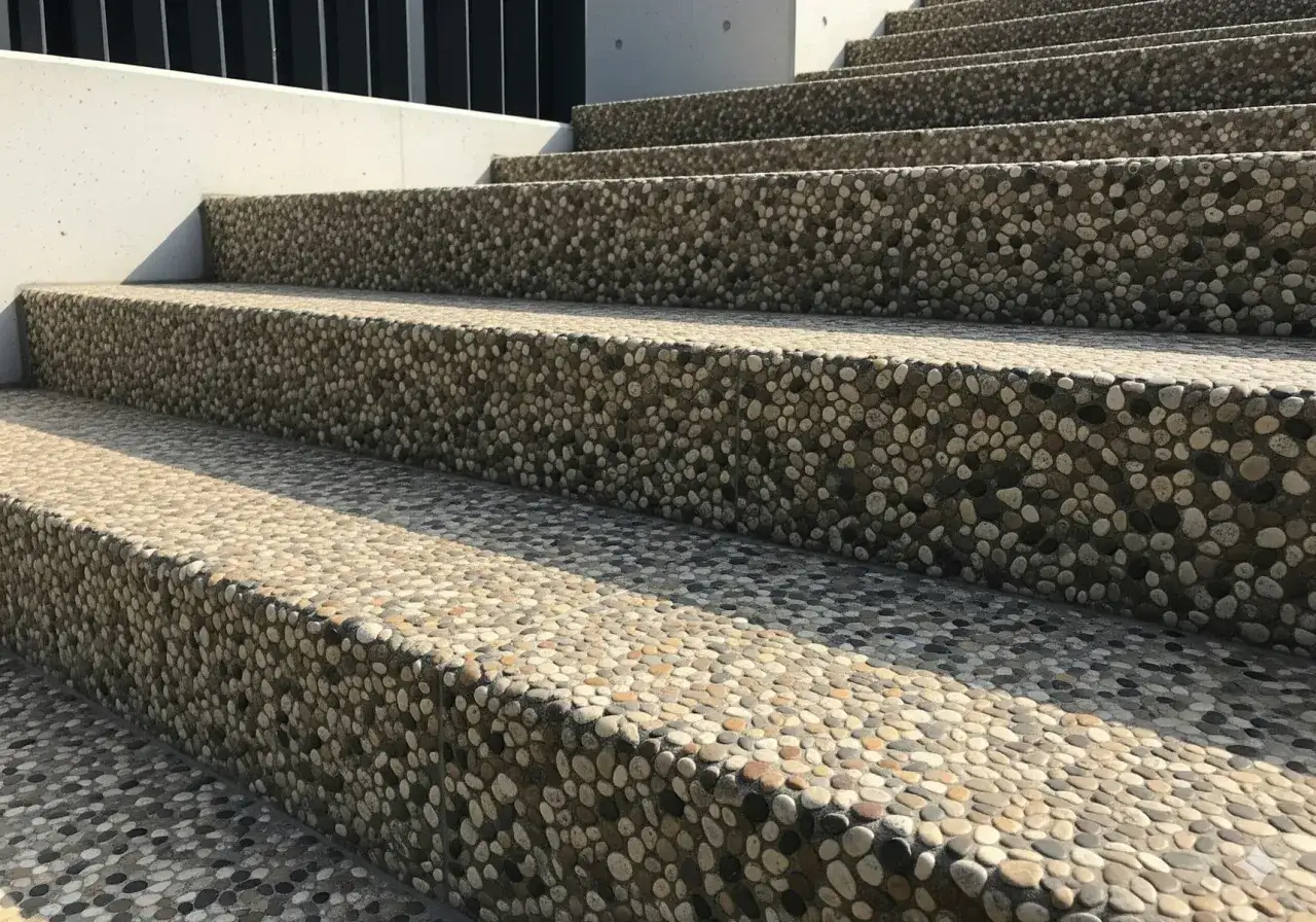 Schody zewnętrzne obłożone kamyczkami. Świetny pomysł, czym obłożyć schody zewnętrzne, by były trwałe i estetyczne.