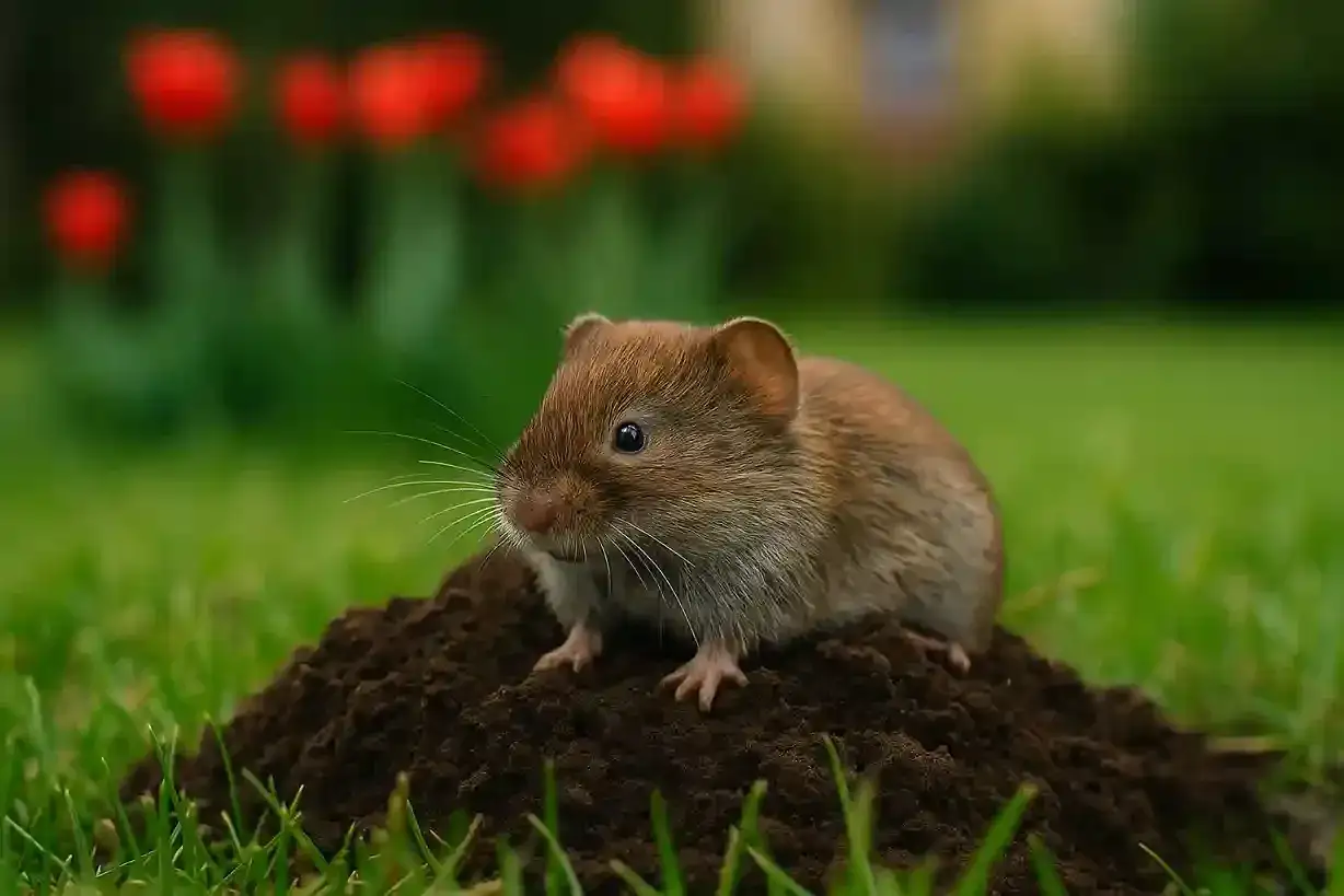 Mały karczownik siedzi na kopczyku ziemi w ogrodzie, wśród zielonej trawy i czerwonych tulipanów.