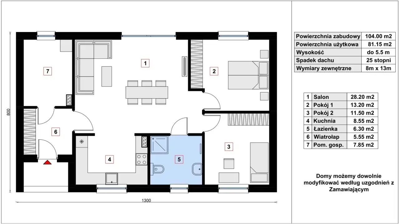 Projekt domu parterowego z salonem, dwoma pokojami, kuchnią, łazienką, wiatrołapem i pom. gospodarczym.