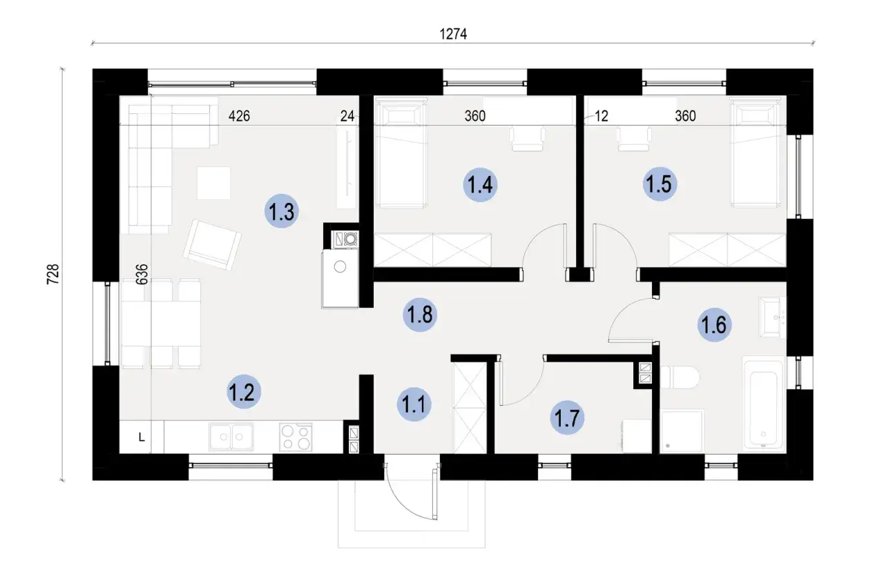 Rzut parterowego domu 70m2: salon z aneksem kuchennym, 3 sypialnie, łazienka, WC.