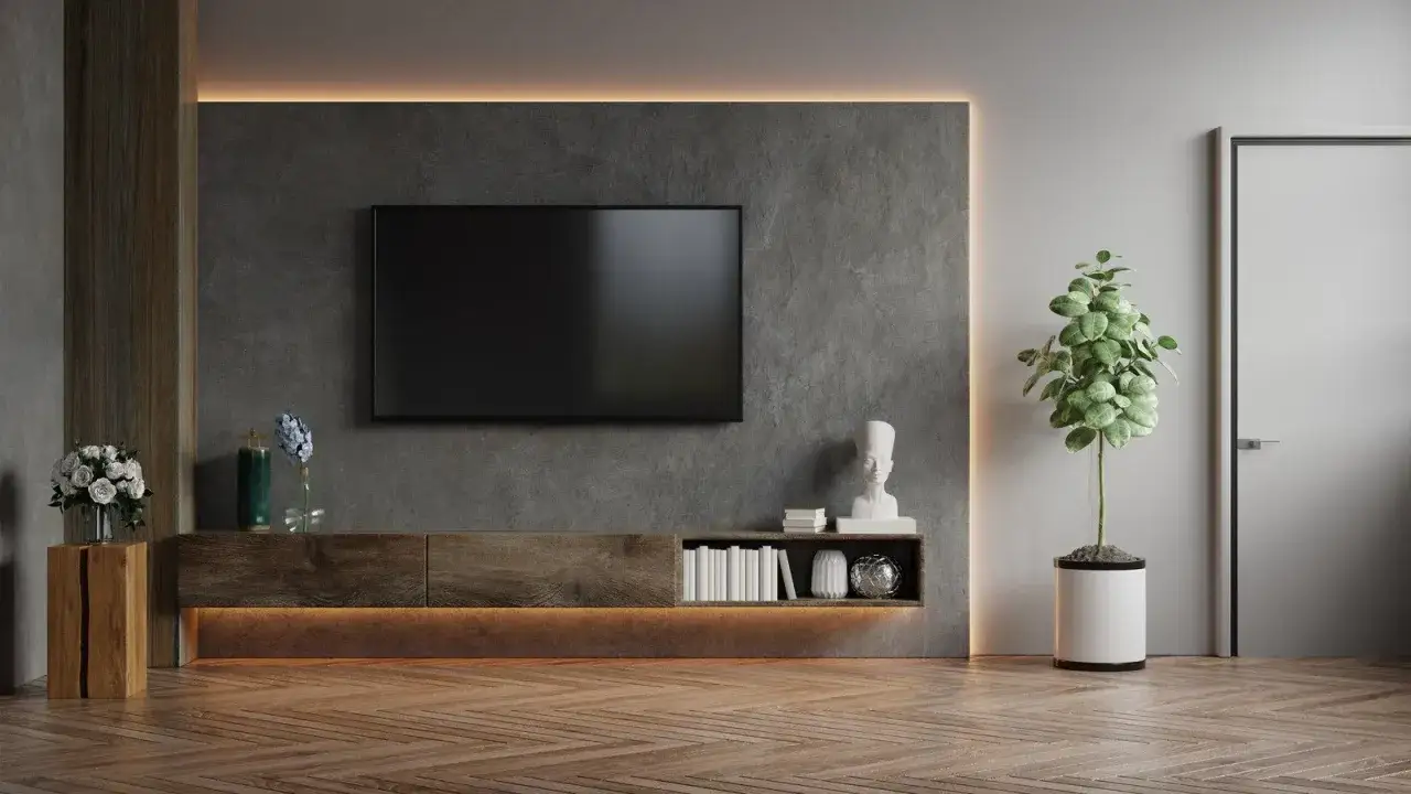 Nowoczesny salon z telewizorem na ścianie z efektem imitacji betonu. Drewniana szafka RTV, rośliny i subtelne oświetlenie tworzą przytulną atmosferę.