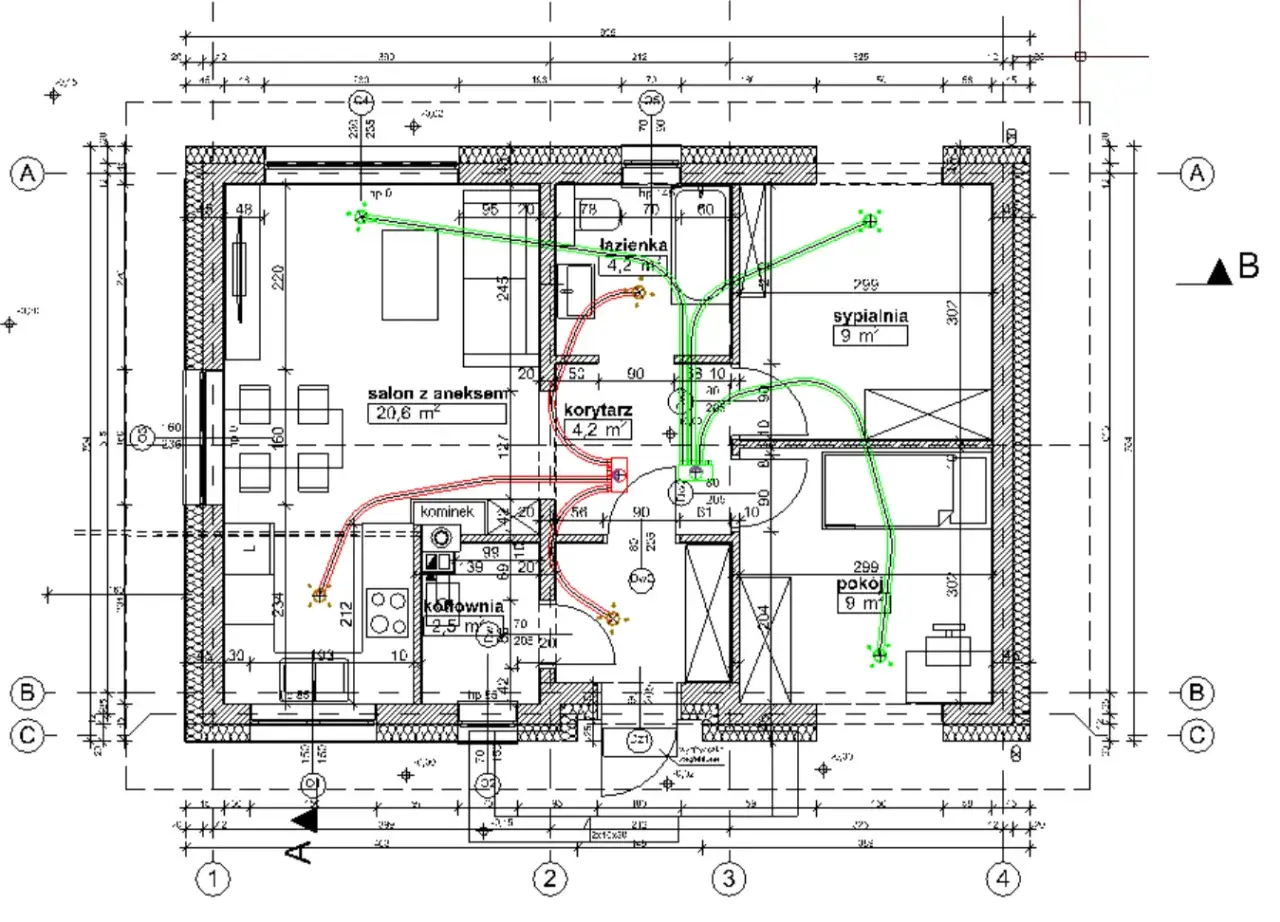 Plan mieszkania z zaznaczoną wentylacją mechaniczną z odzyskiem ciepła, pokazującą przepływ powietrza do salonu, sypialni i łazienki.