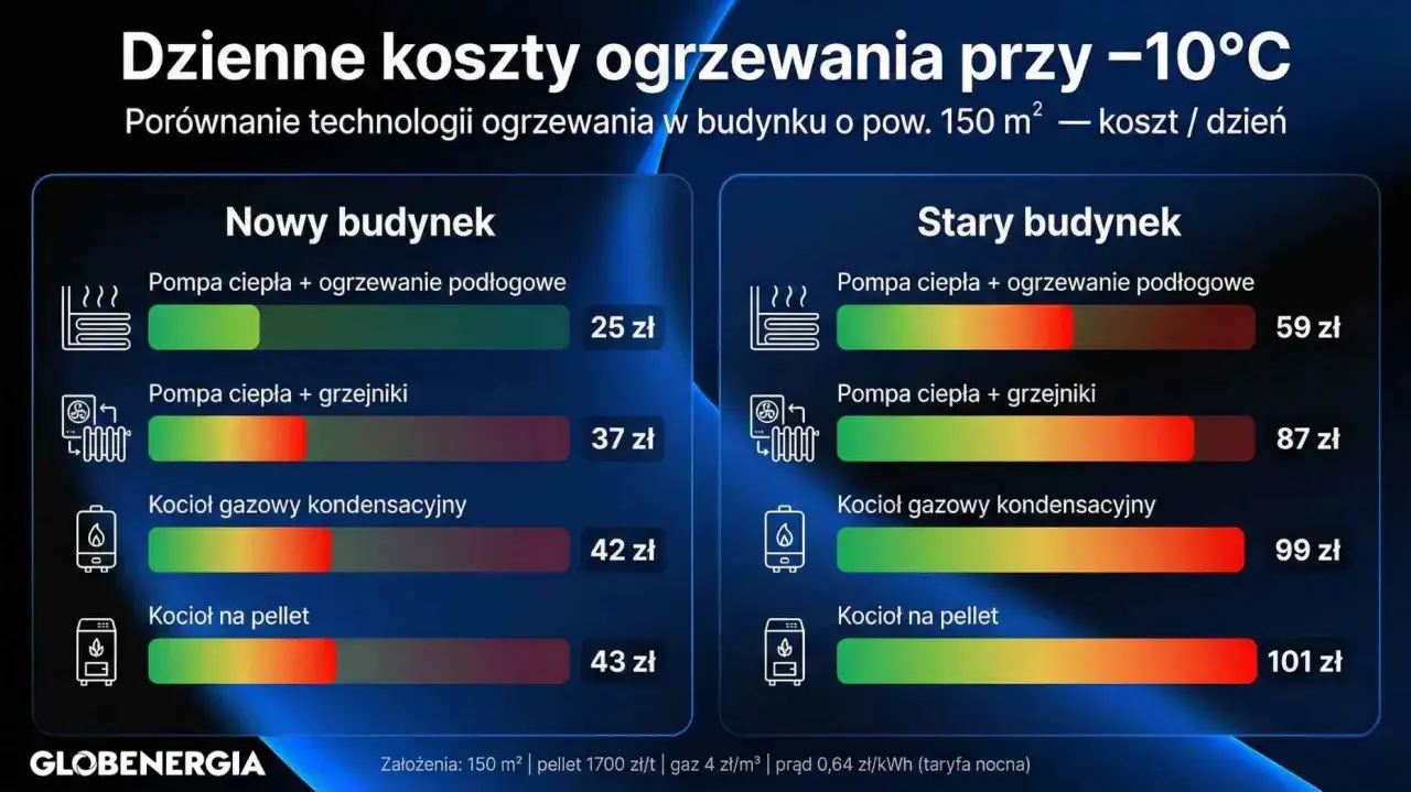 Najtańsze ogrzewanie domu w nowym budynku to pompa ciepła z ogrzewaniem podłogowym (25 zł/dzień). W starym budynku najkorzystniejsza jest pompa ciepła z ogrzewaniem podłogowym (59 zł/dzień).