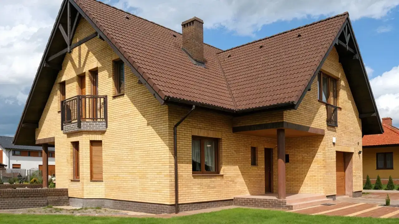 Jasny, ceglany dom z brązowym dachem i kominem. Brak cokołu na elewacji, widoczna trawa i niebo.