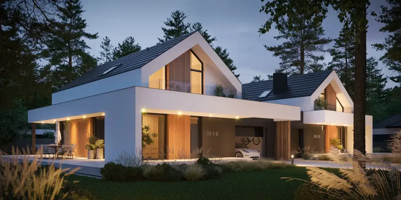 Nowoczesny dom bliźniak projekt. Elegancka bryła, drewniane detale i duże przeszklenia tworzą przytulną atmosferę.