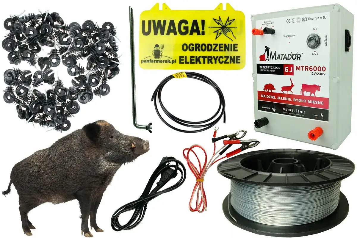 Zestaw do elektrycznego ogrodzenia, który pomoże jak odstraszyć sarny i dziki. Zawiera elektryzator, przewody, izolatory i tabliczkę ostrzegawczą.