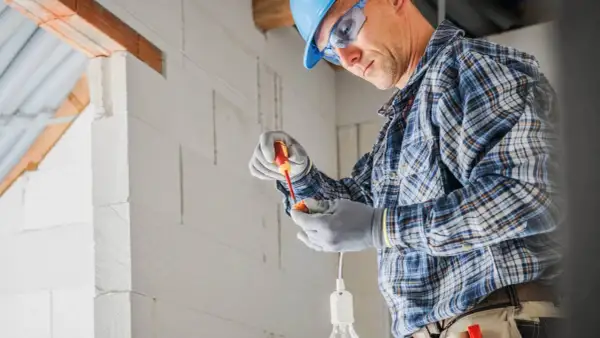 Elektryk w kasku i okularach montuje oprawkę żarówki. Zastanawiasz się, ile bierze elektryk od punktu?