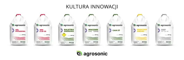 Siedem worków nawozów Agrosonic, w tym saletra amonowa, NPK, mocznik, siarczan amonu i DAP.
