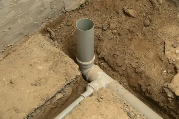Instalacja kanalizacyjna w domu w trakcie budowy. Szare rury PVC połączone w wykopie ziemnym.