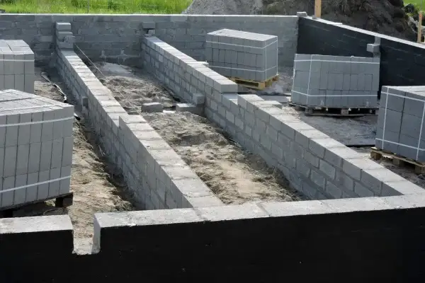 Budowa fundamentów z bloczków betonowych, przygotowanie pod prawidłową izolację fundamentów. Materiały budowlane czekają na użycie.