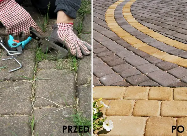 Przed: chwasty w kostce brukowej. Po: czysta kostka brukowa. Ocet na chwasty w kostce brukowej działa cuda!